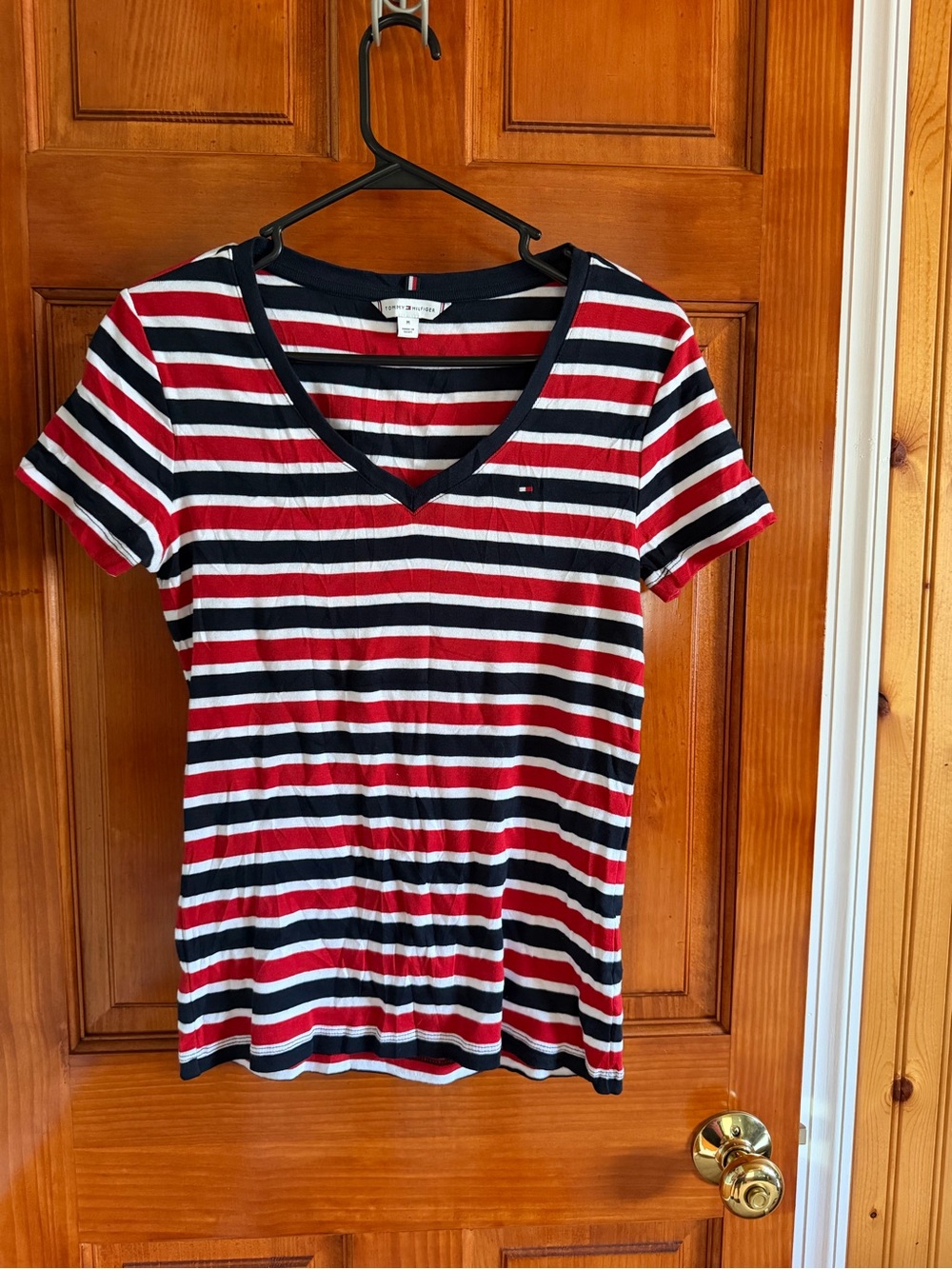 Tommy Hilfiger Red White Navy Striped V-Neck Short Sleeve Tee